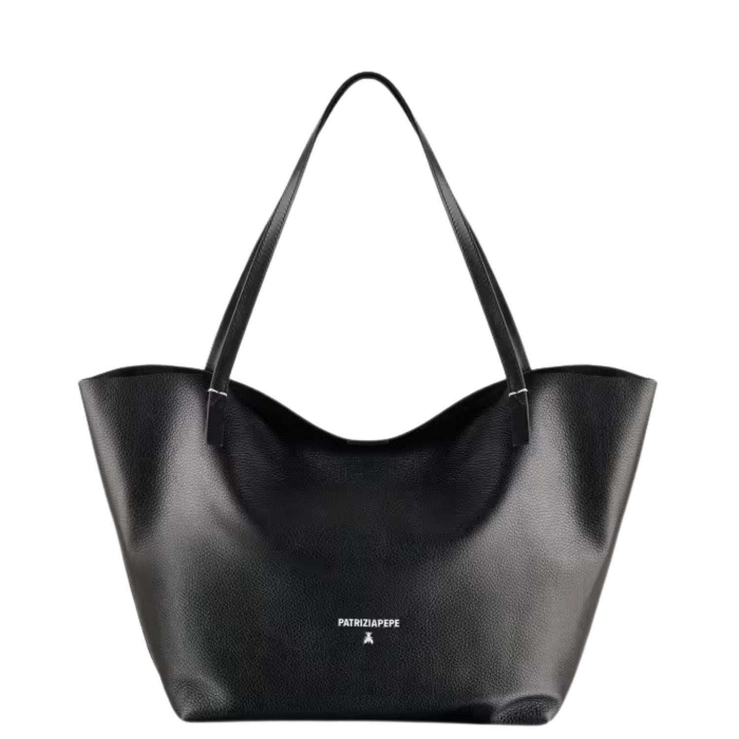 Shopping bag in pelle con pochette interna, Nero