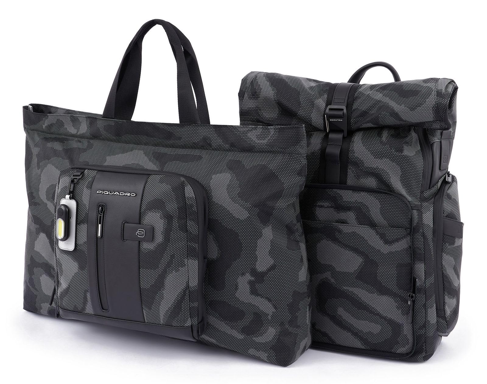 PIQUADRO - Zaino grande in tessuto e pelle modulare, Grigio e Nero