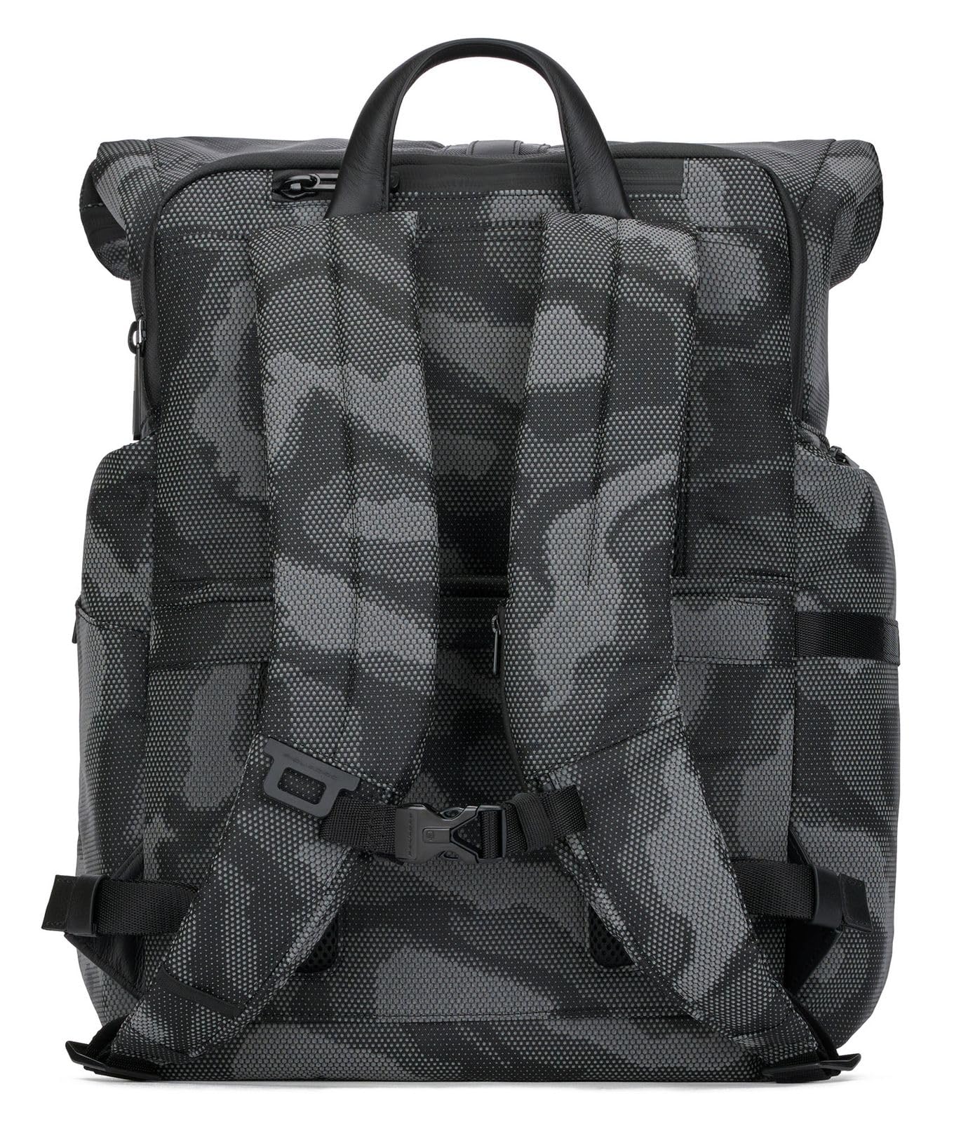 PIQUADRO - Zaino grande in tessuto e pelle modulare, Grigio e Nero