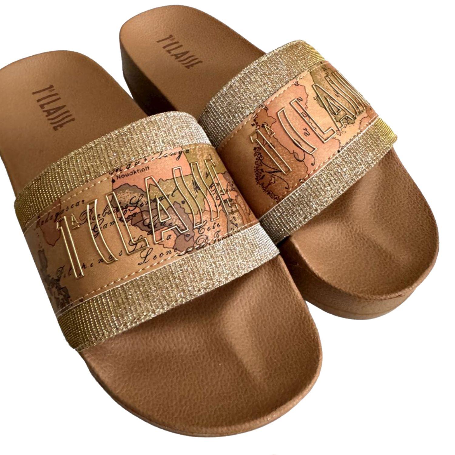 Alviero Martini - N.35 Ciabatta in gomma suola alta, Beige e Oro