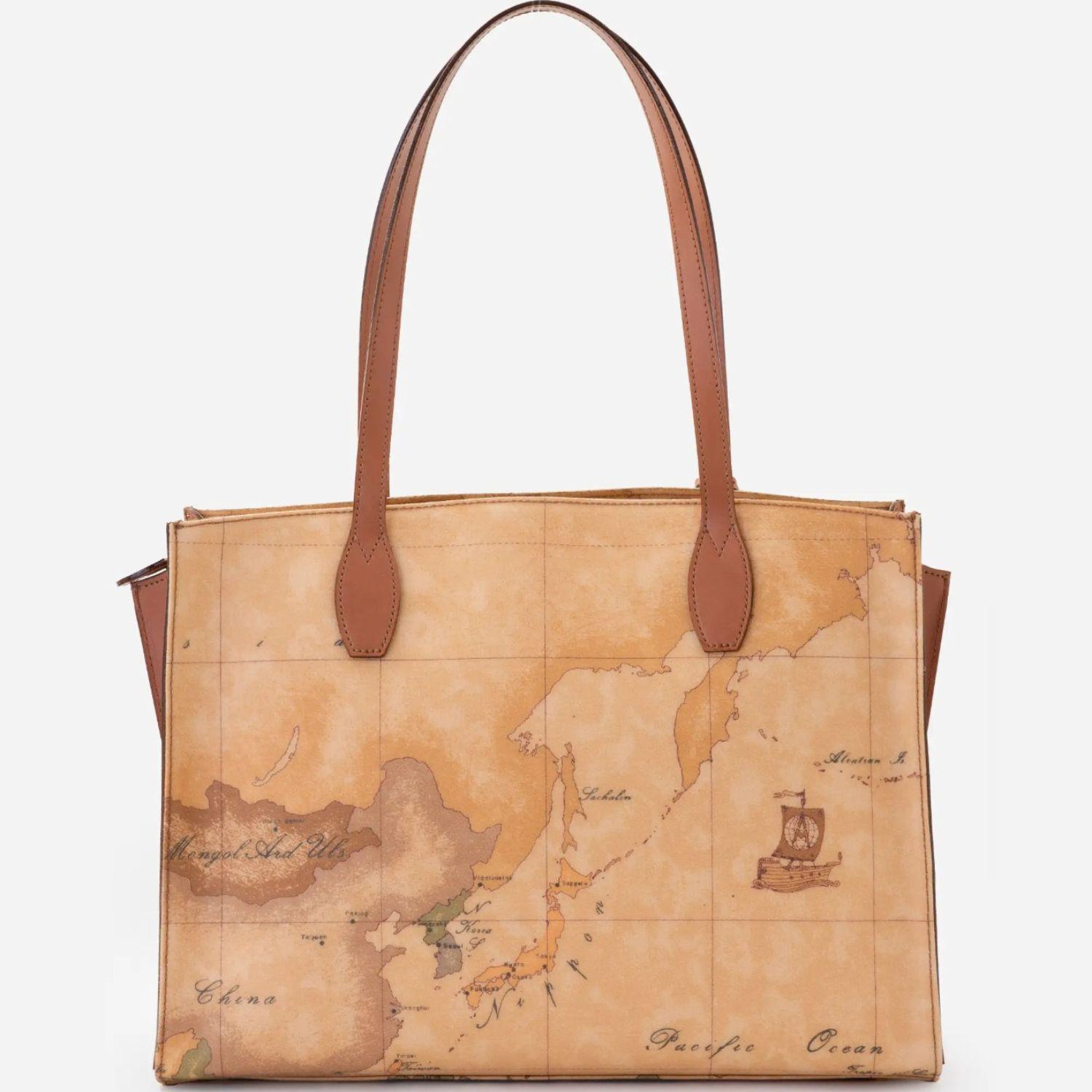 Borsa shopping con fianchi in pelle Geo Classic, Beige