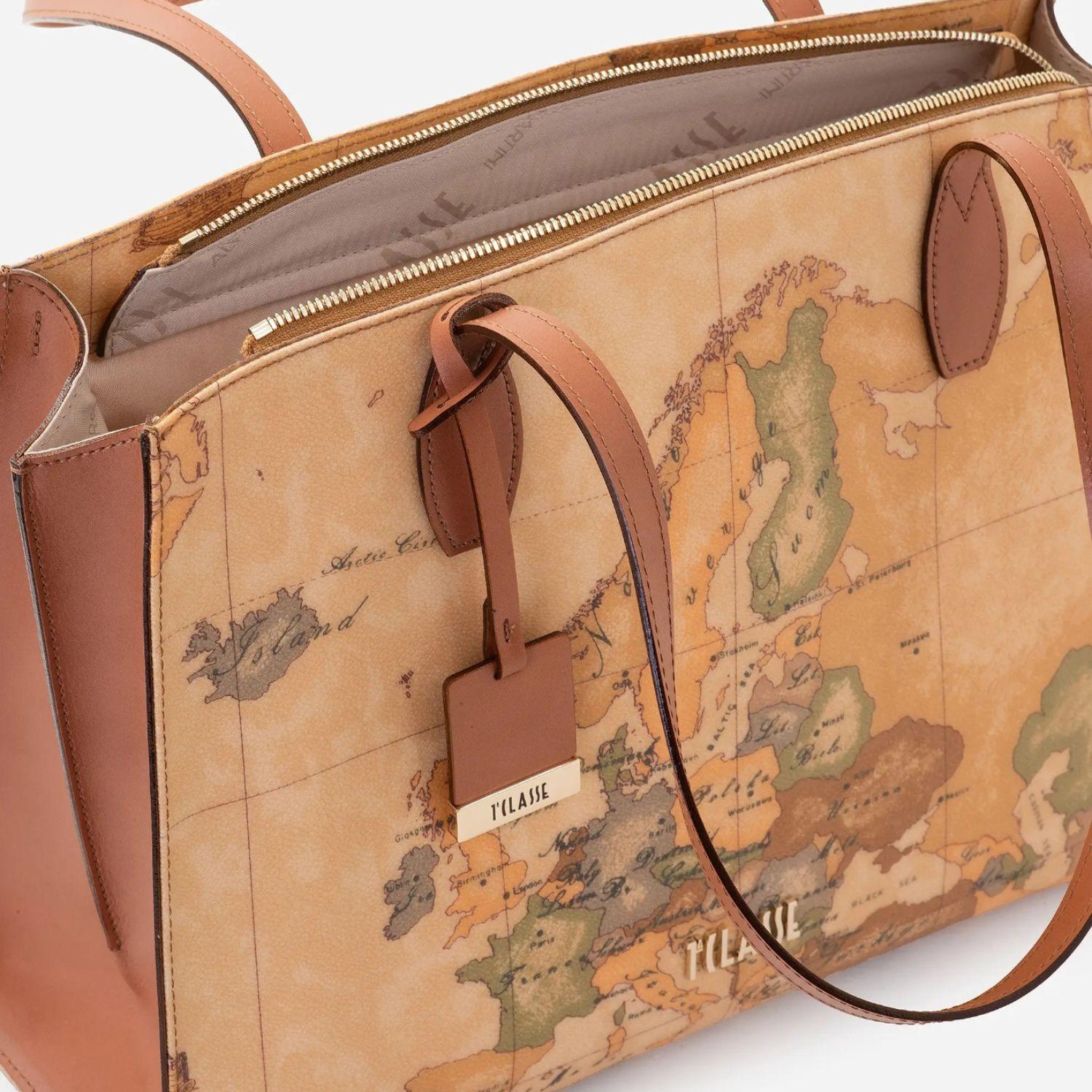 Borsa shopping con fianchi in pelle Geo Classic, Beige