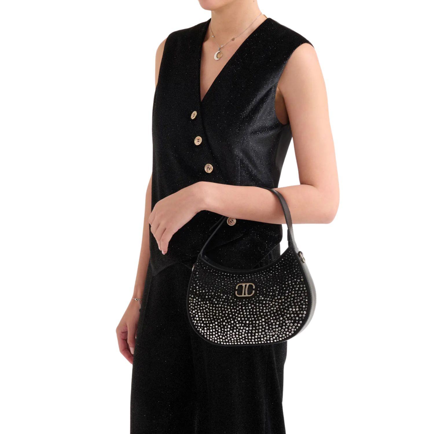 Alviero Martini - Moonlight Bag sottospalla a mezzaluna con strass, Nera