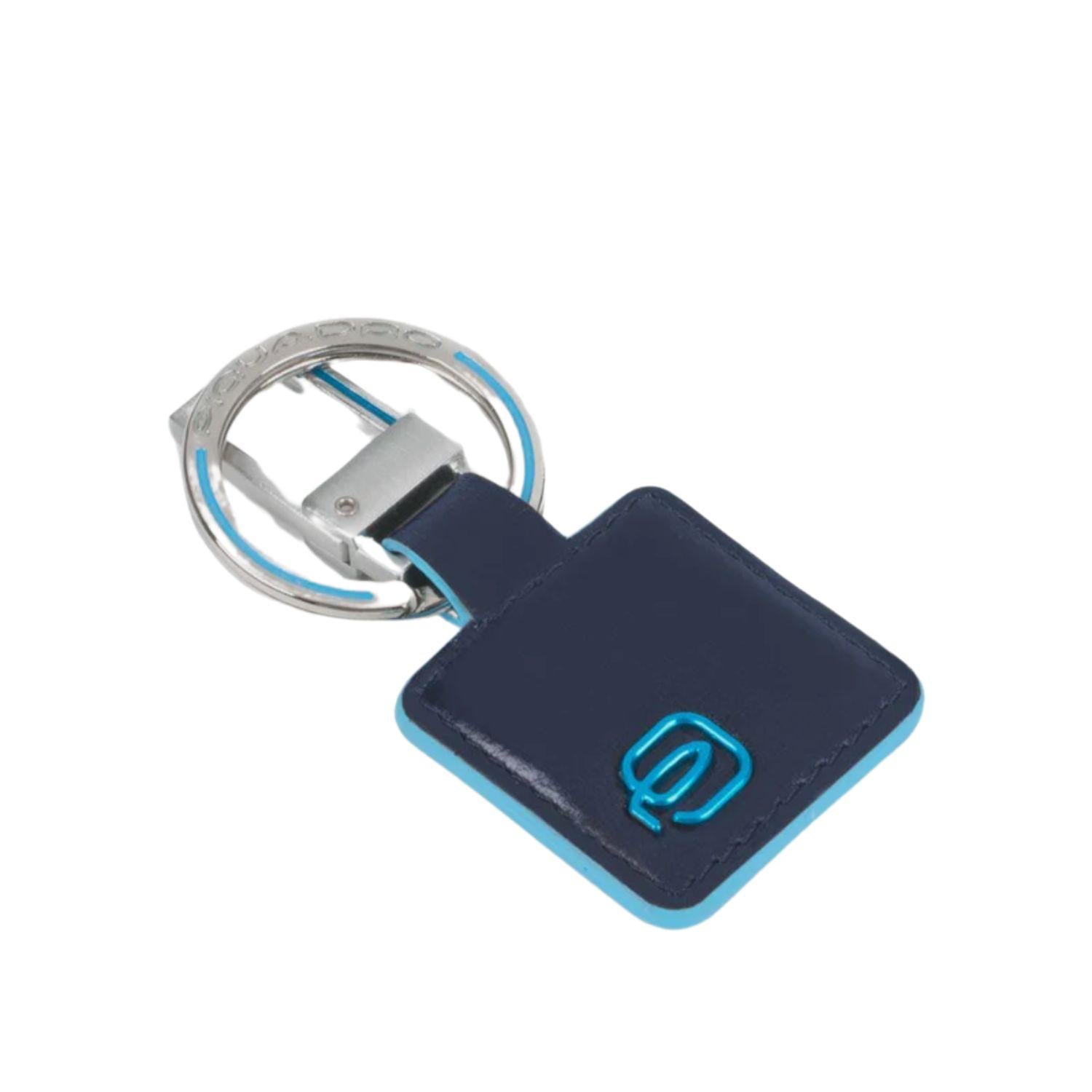 Piquadro- Portachiavi in Metallo e Pelle Quadrato Blue Square, Blu