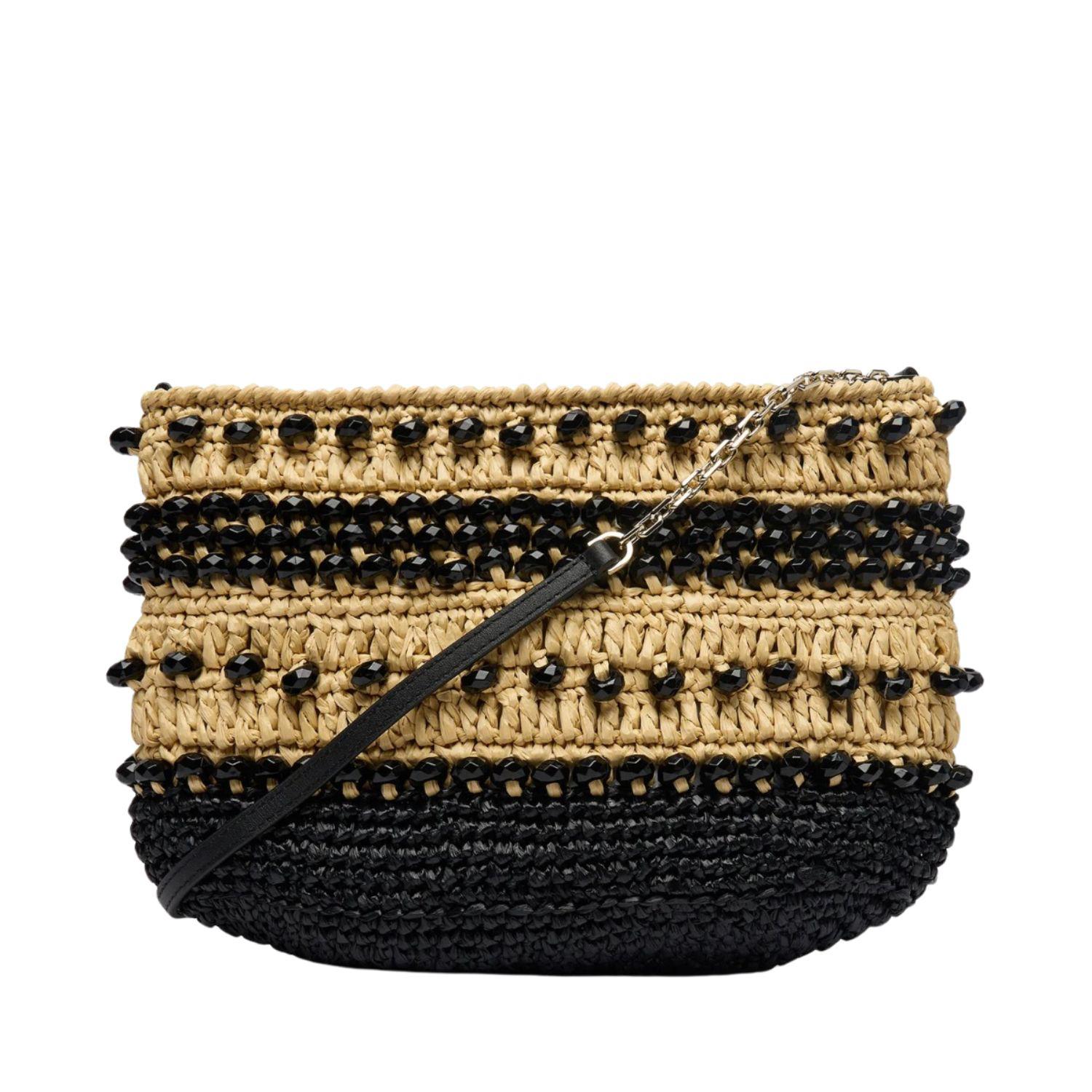 Patrizia Pepe - Tracollina in rafia con perline SS26, Beige e Nero