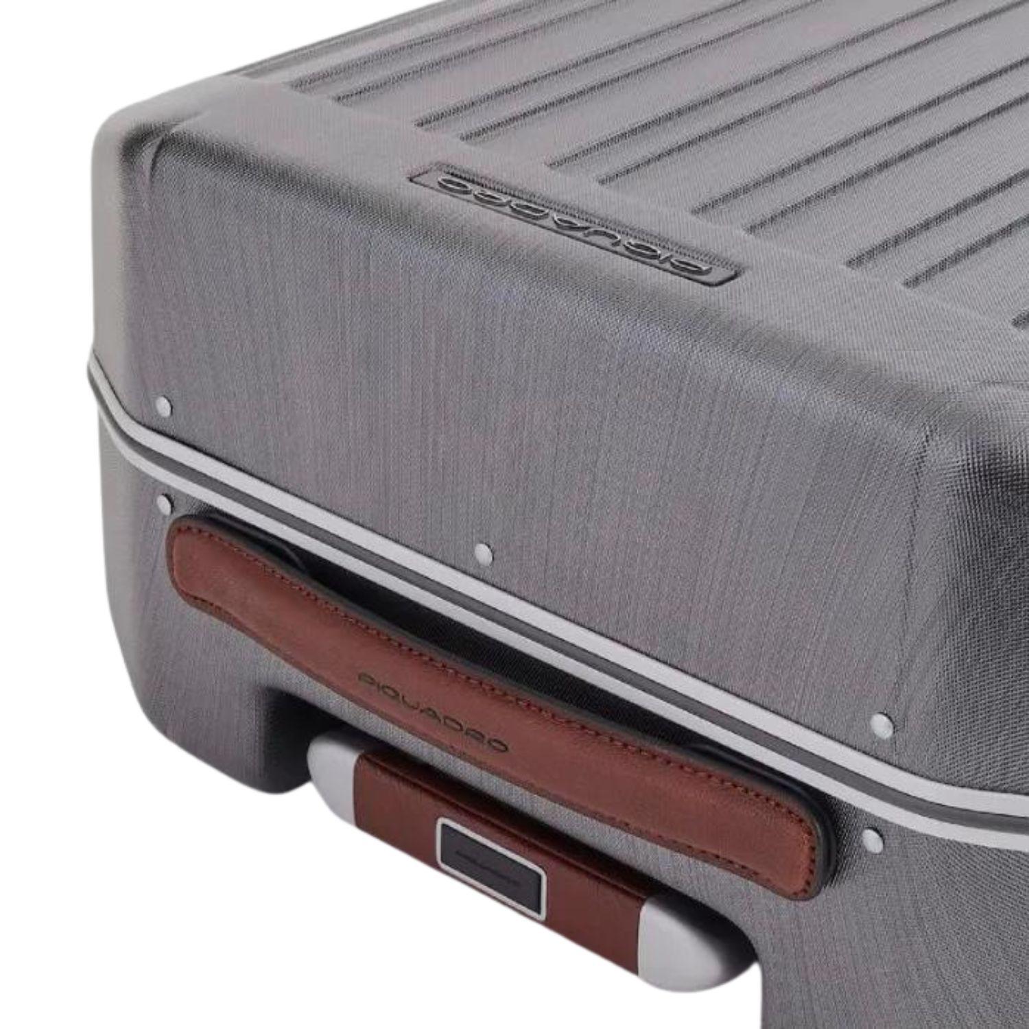 PIQUADRO - Trolley cabina in policarbonato e manico in pelle, Grigio