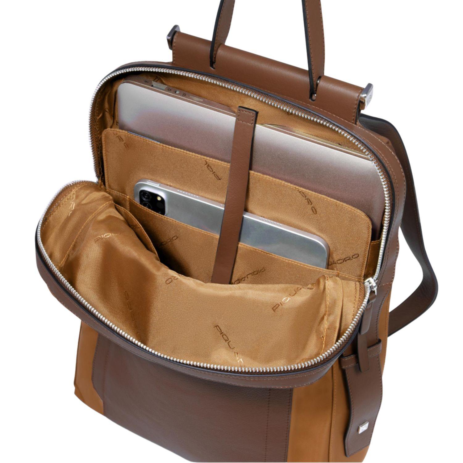 Zaino donna in tessuto e pelle porta pc 14'', Marrone