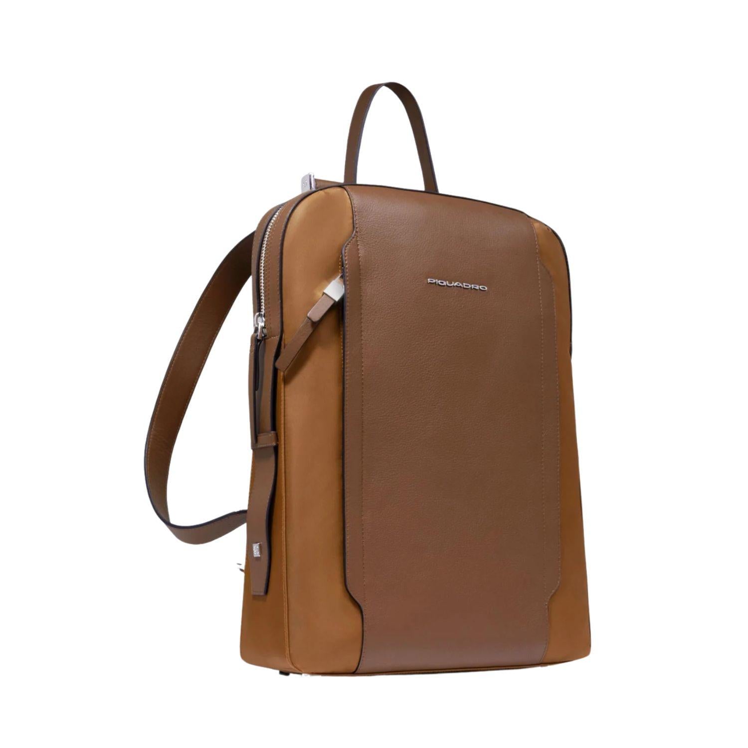 Zaino donna in tessuto e pelle porta pc 14'', Marrone