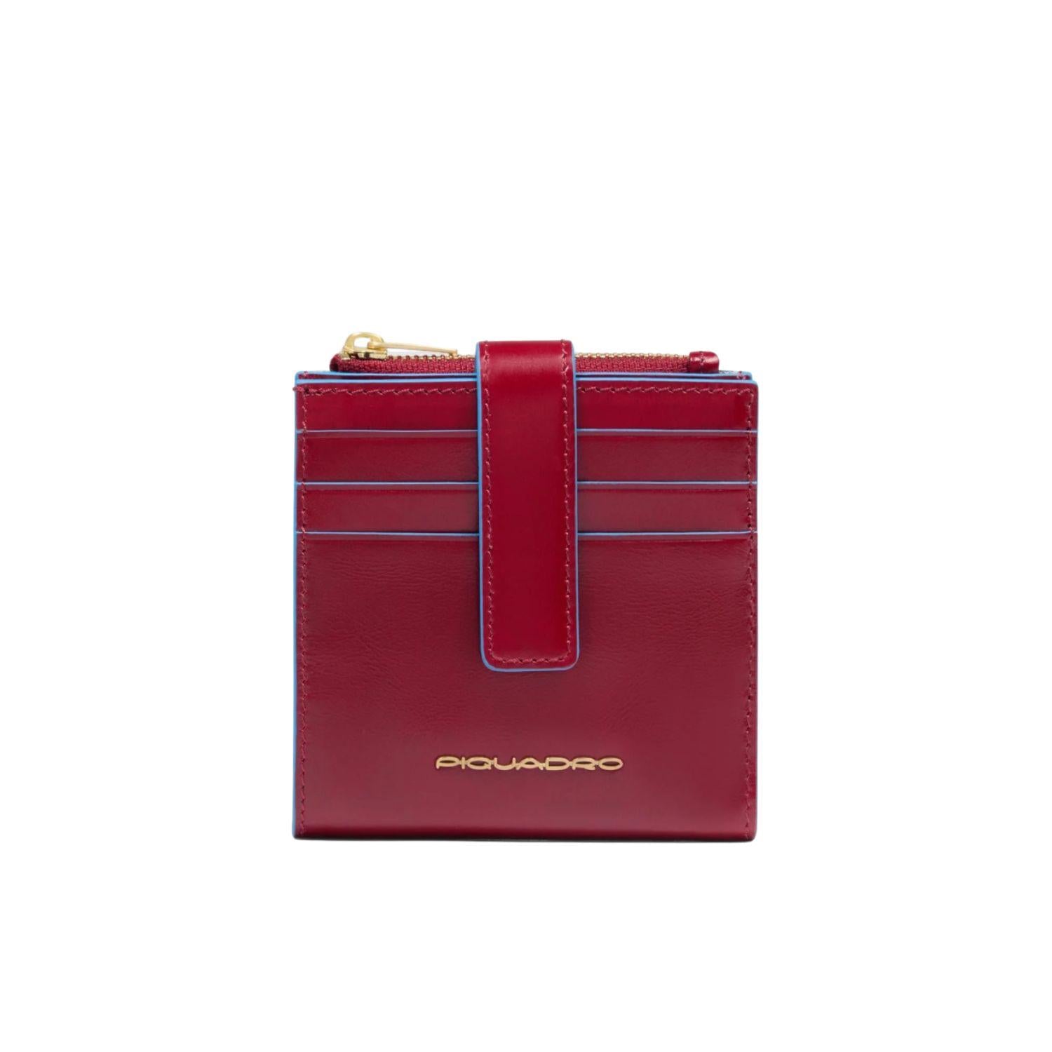 Piquadro - Portacarte e monete in pelle con bottone Blue Square, Rosso