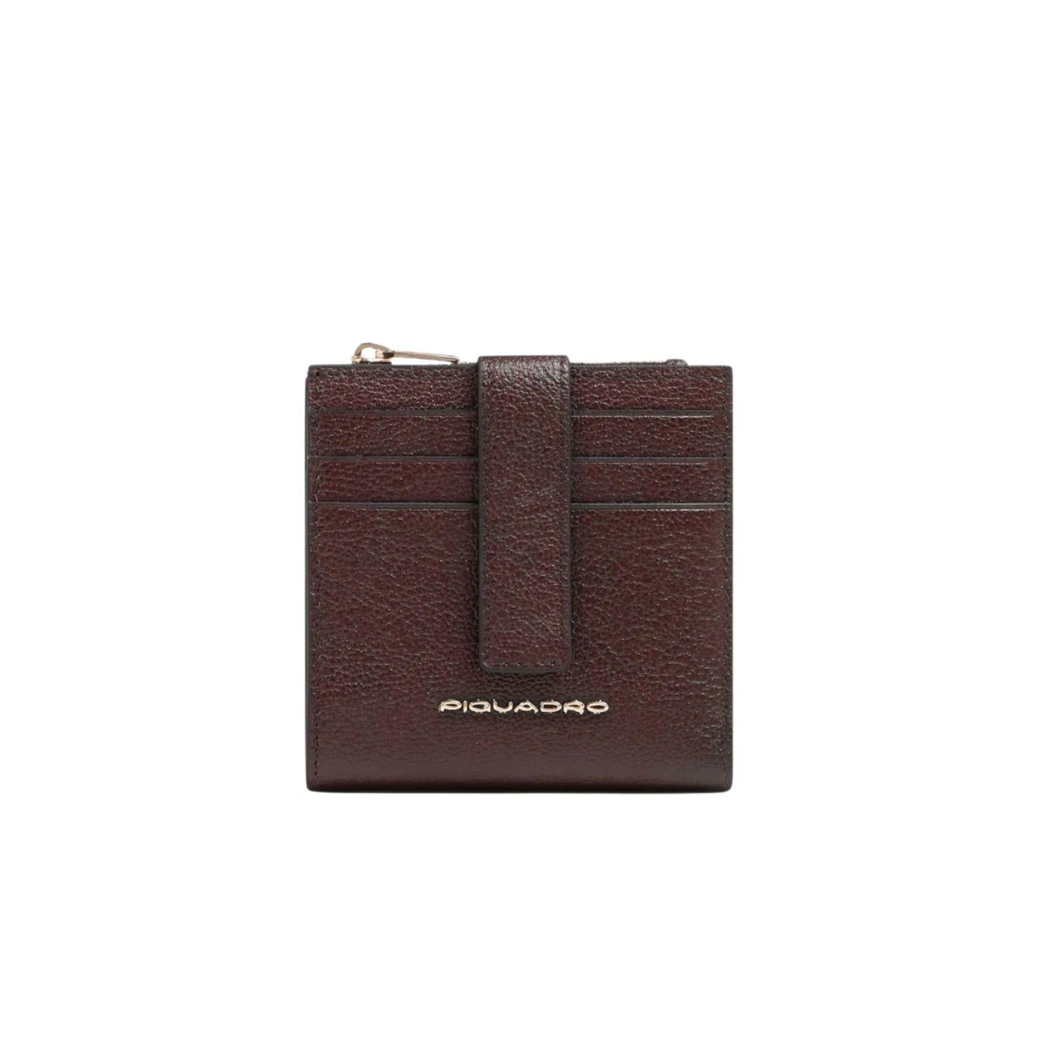 Portafoglio piccolo sottile donna in pelle con bottone, Bordeaux