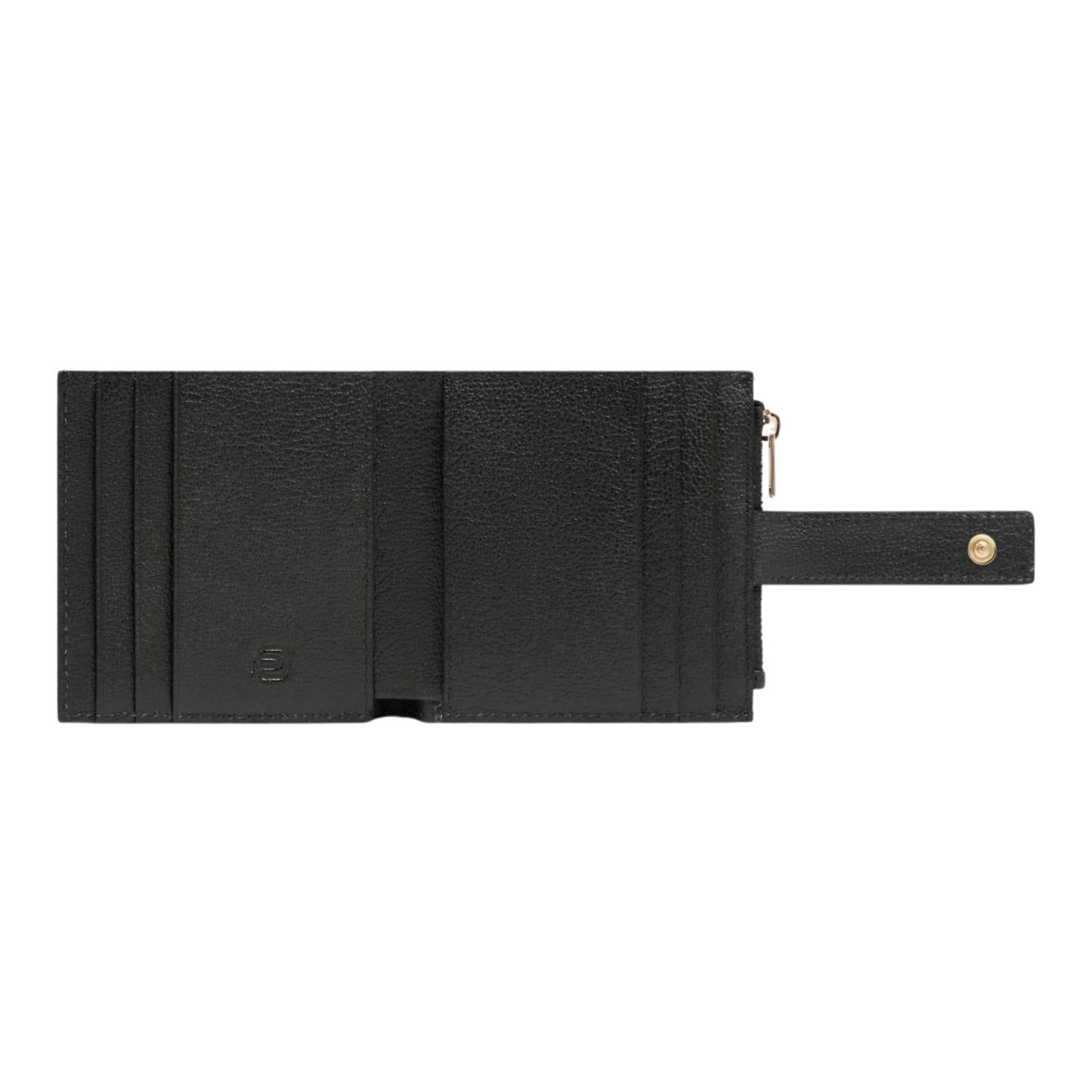 Portafoglio picolo sottile donna in pelle con bottone, Nero