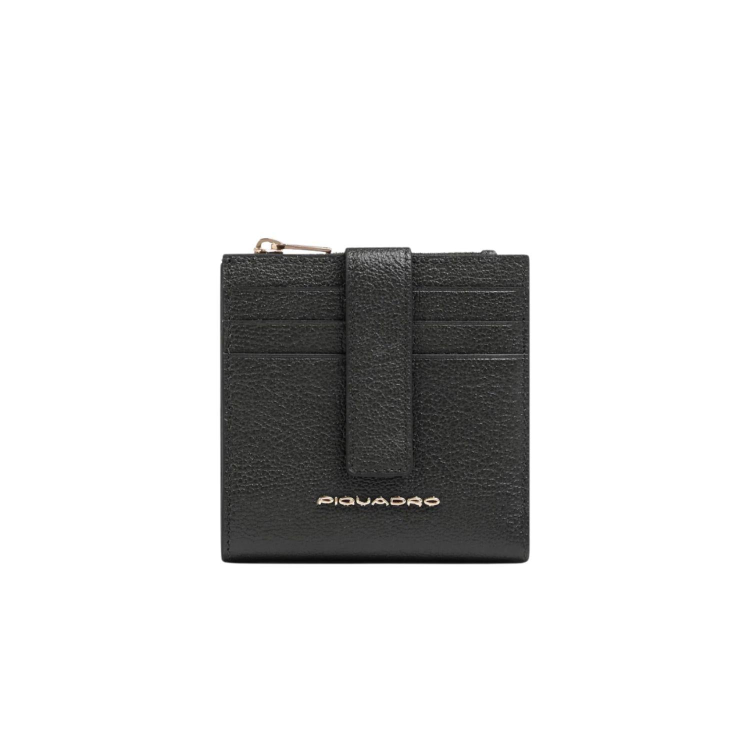 Portafoglio picolo sottile donna in pelle con bottone, Nero