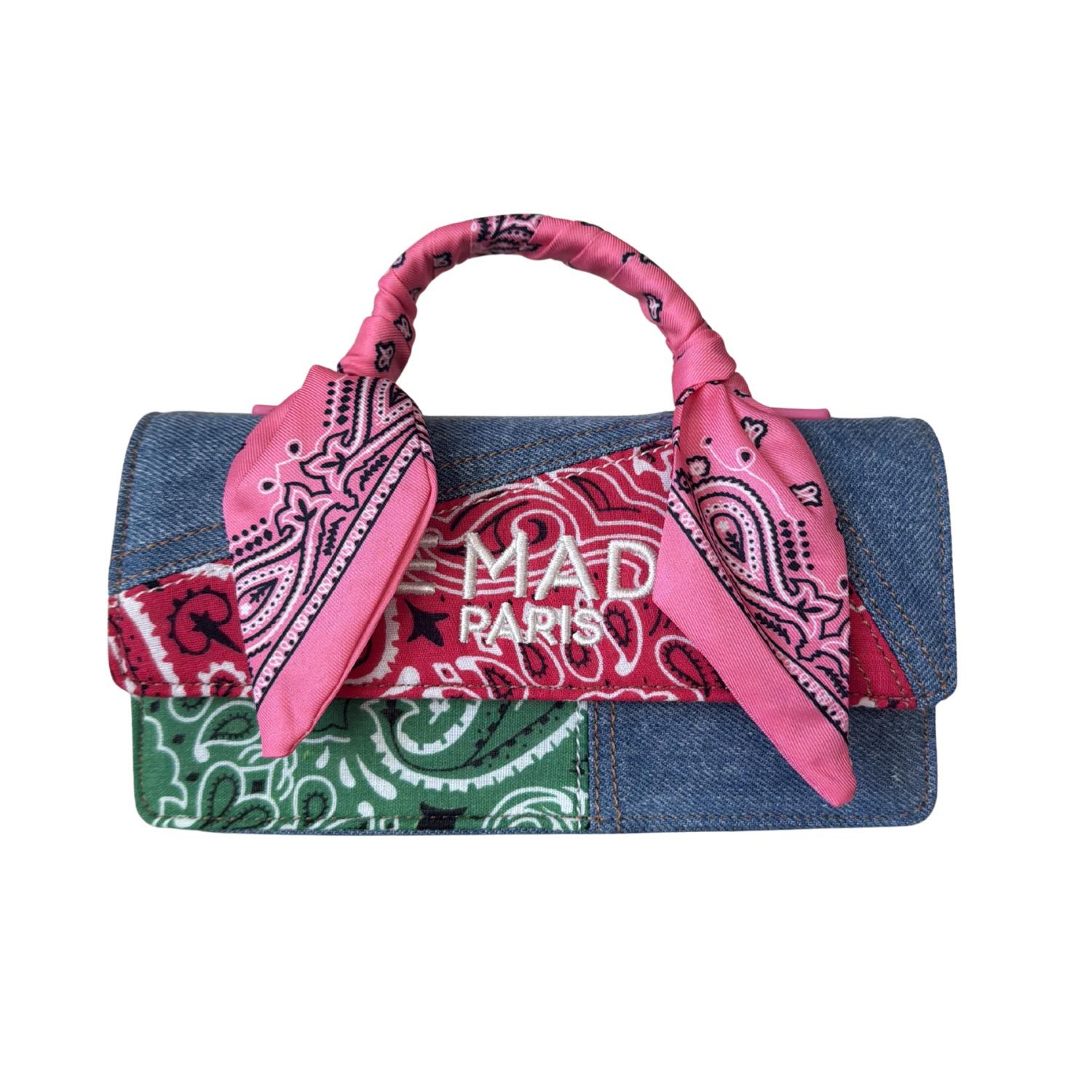 Rue Madam Paris - Borsa a mano con tracolla mini in jeans e bandana, Multicolore