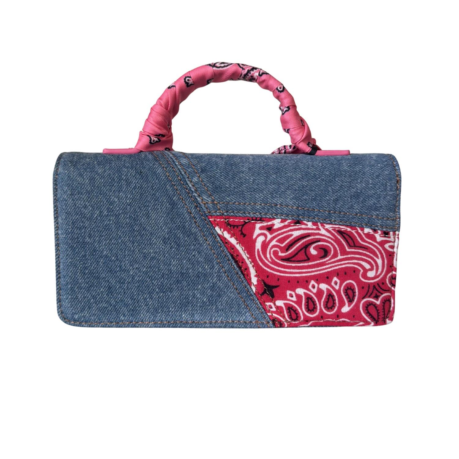 Rue Madam Paris - Borsa a mano con tracolla mini in jeans e bandana, Multicolore