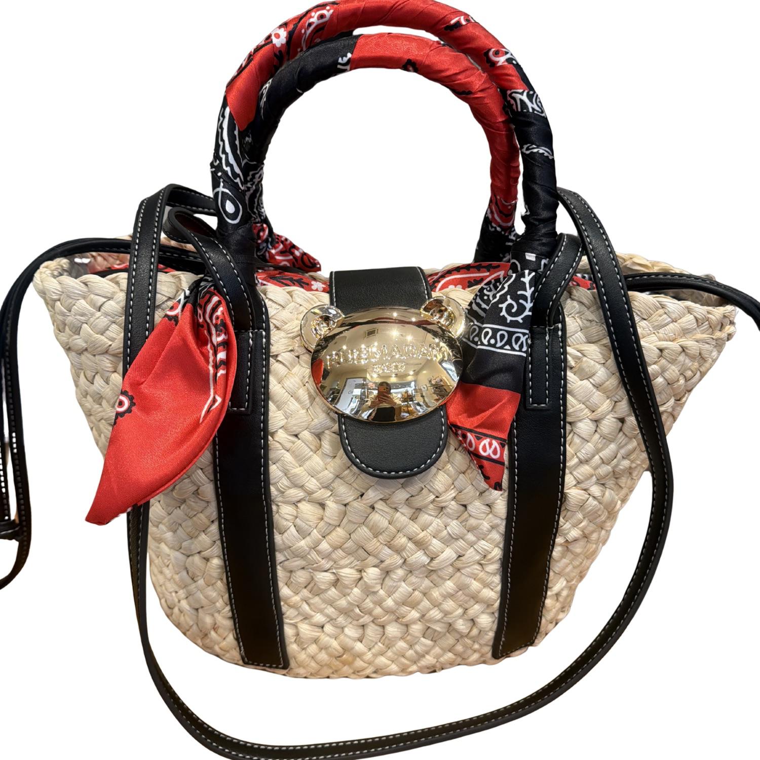 Rue Madam Paris - Borsa in paglia con dettagli bandana nei manici, Nero e Rosso