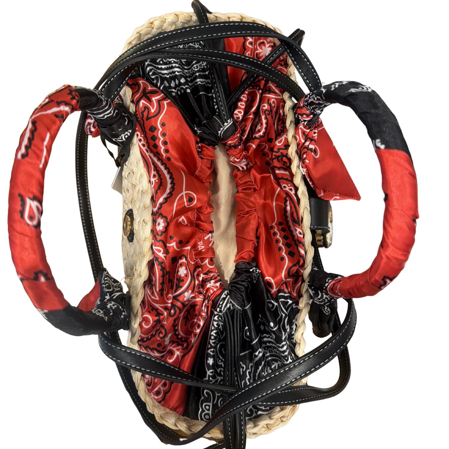 Rue Madam Paris - Borsa in paglia con dettagli bandana nei manici, Nero e Rosso