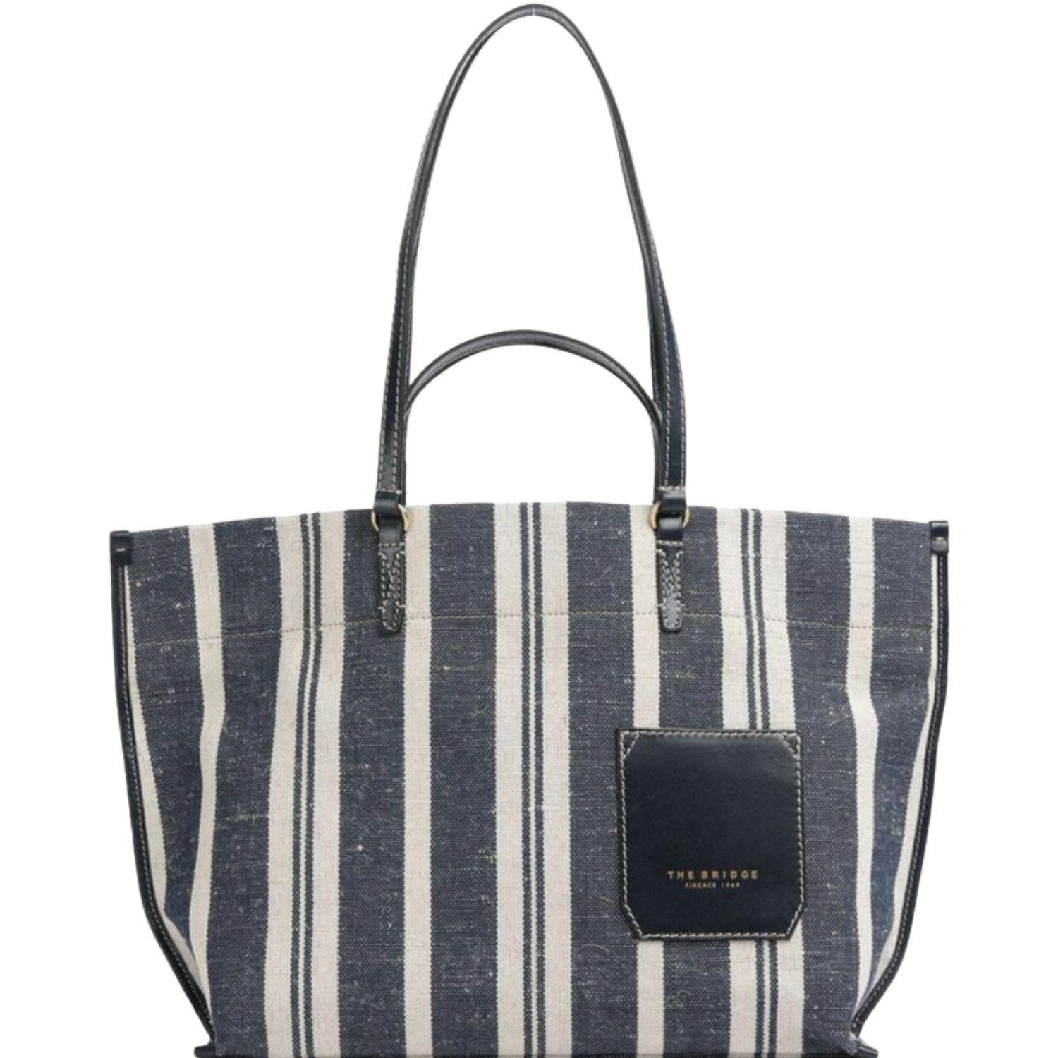 The Bridge - Borsa Shopper in tessuto e pelle linea Luna, Righe Blu