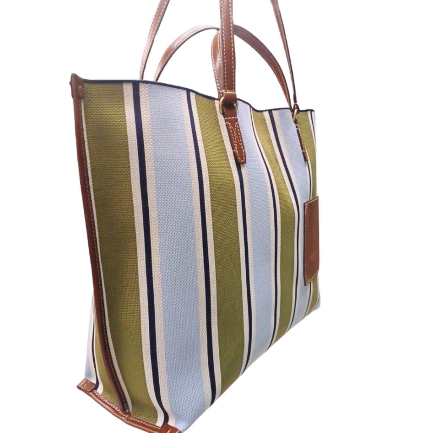 The Bridge - Borsa Shopper in tessuto e pelle linea Luna, Righe Verdi e Azzurre