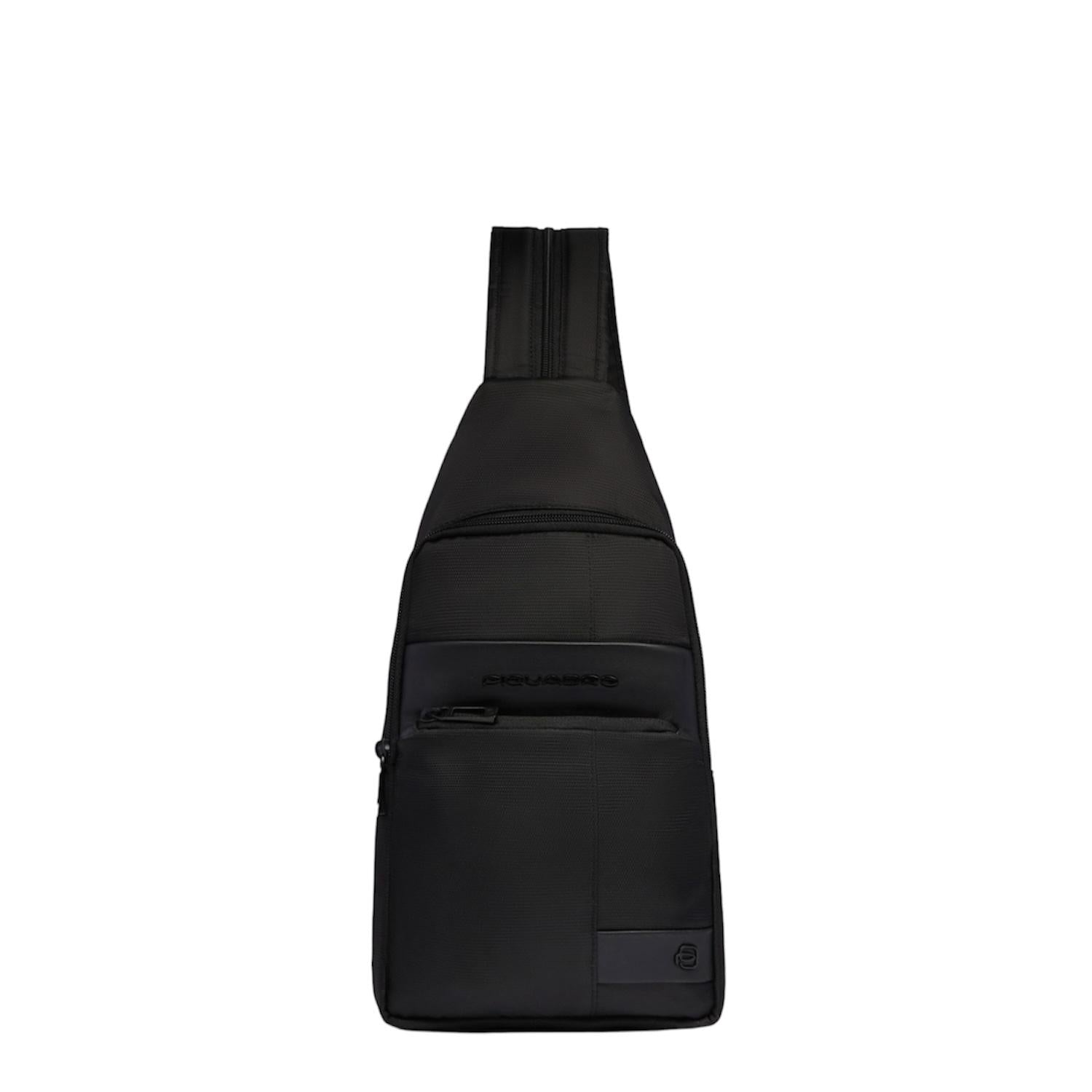 Piquadro - Zaino monospalla in tessuto e pelle, Nero