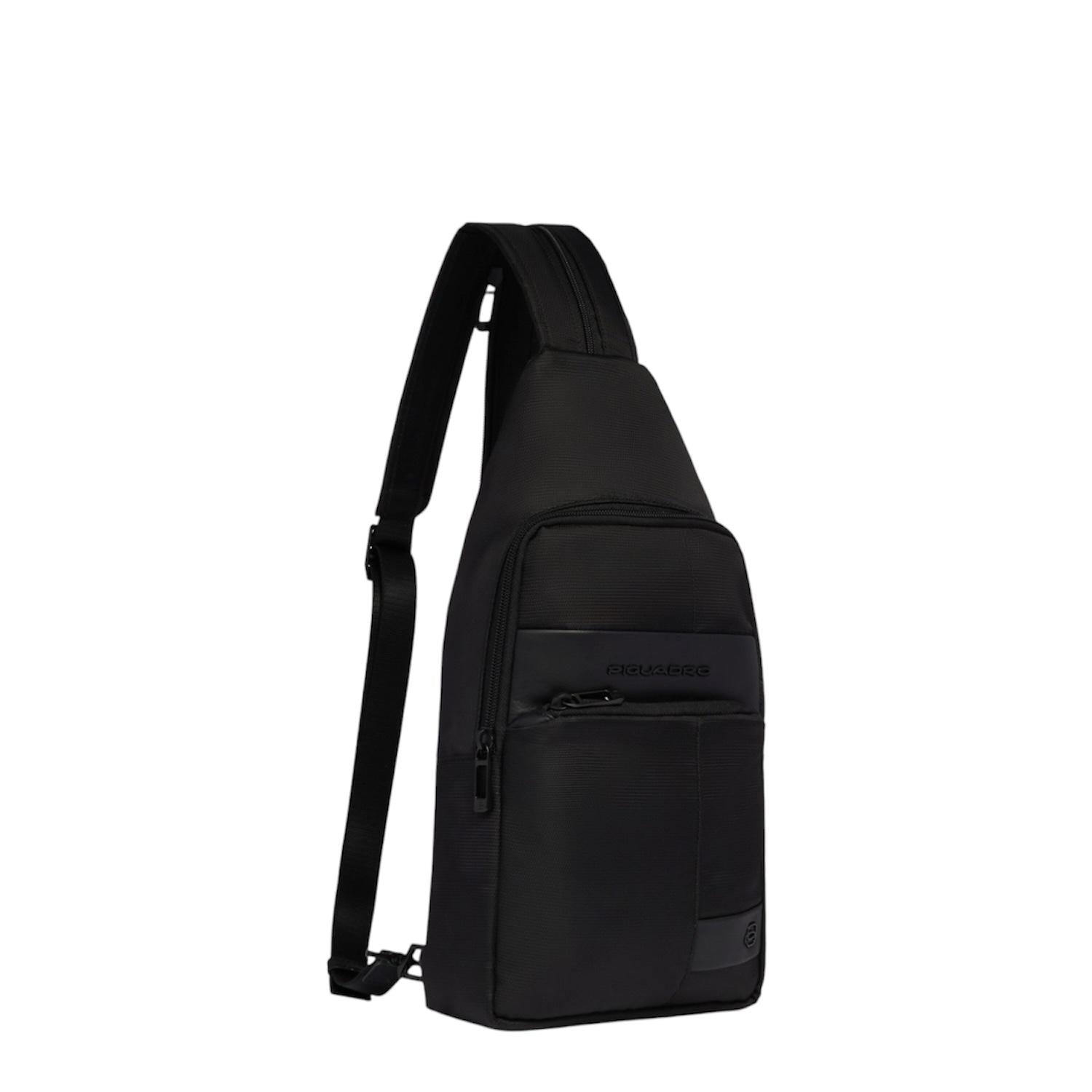 Piquadro - Zaino monospalla in tessuto e pelle, Nero