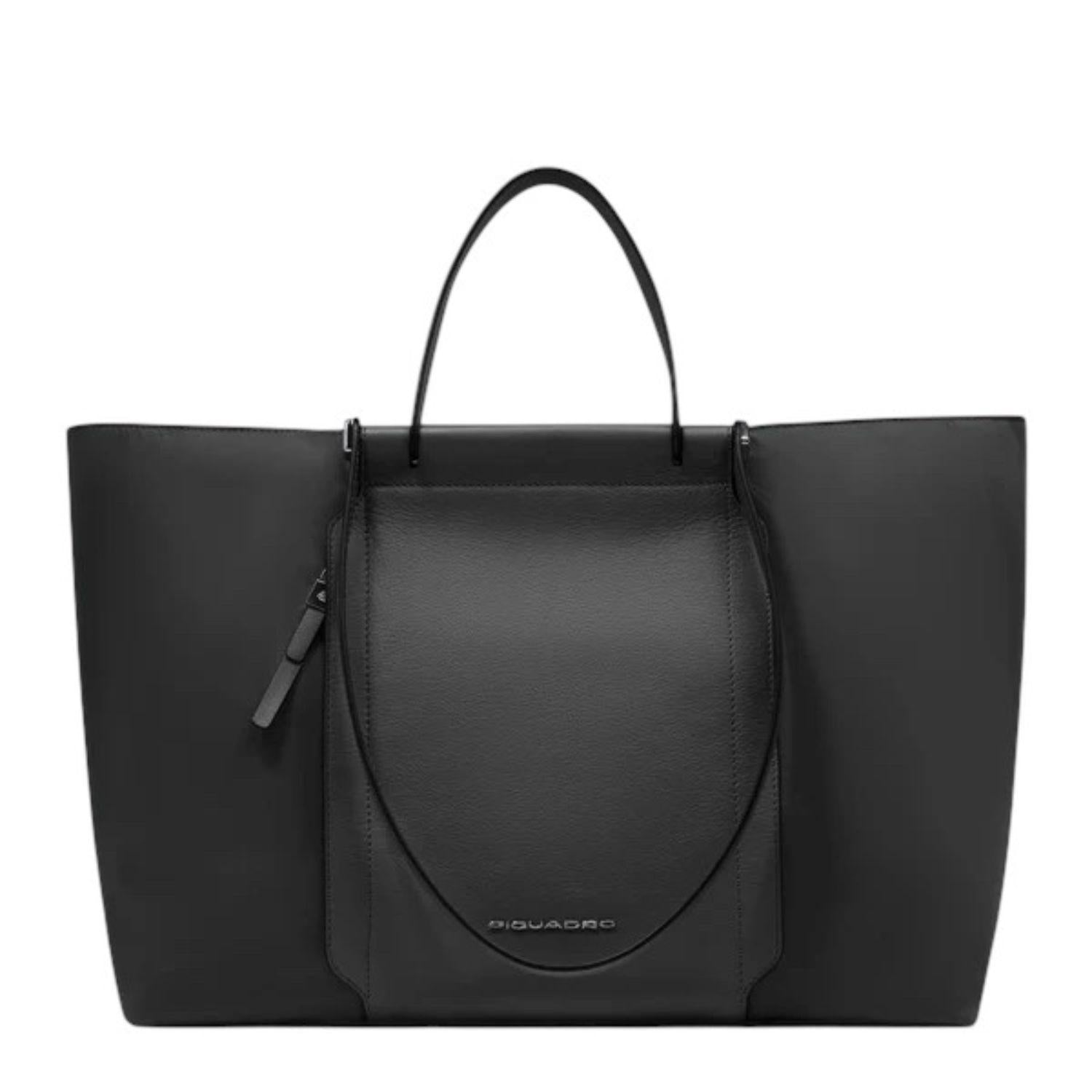 Piquadro - Shopping bag porta pc 15,6" pieghevole in tessuto riciclato e pelle, Nero