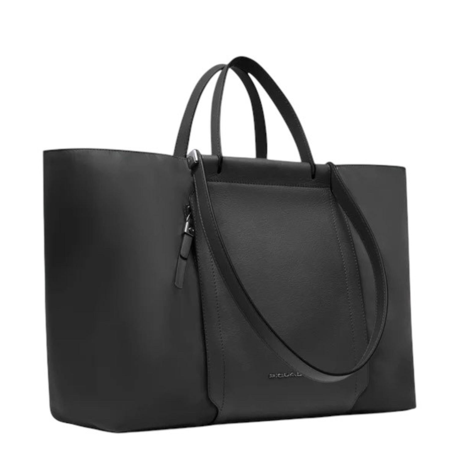 Piquadro - Shopping bag porta pc 15,6" pieghevole in tessuto riciclato e pelle, Nero