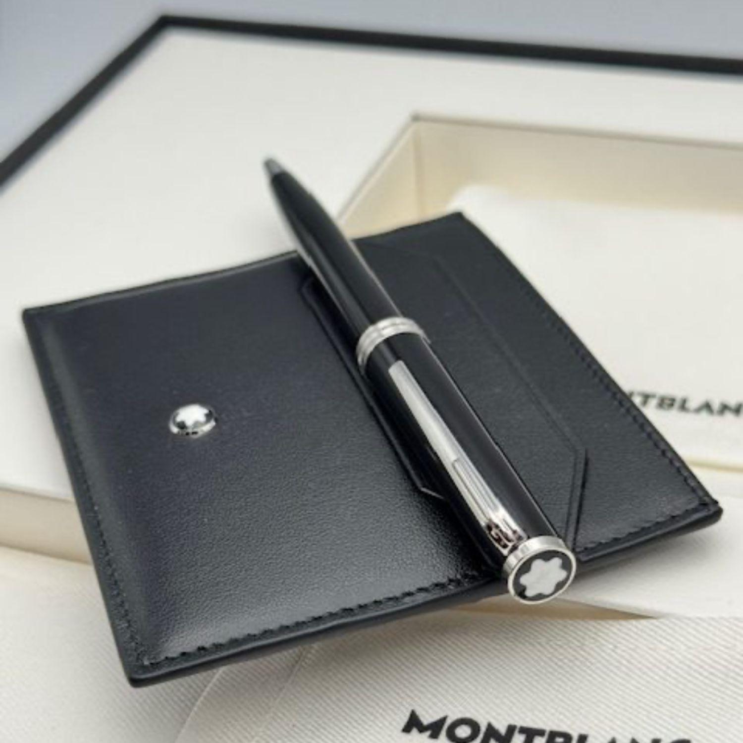 Montblanc - Set Montblanc Penna Sfera Pix e Porta Carte 6 Tasche in Pelle Nera