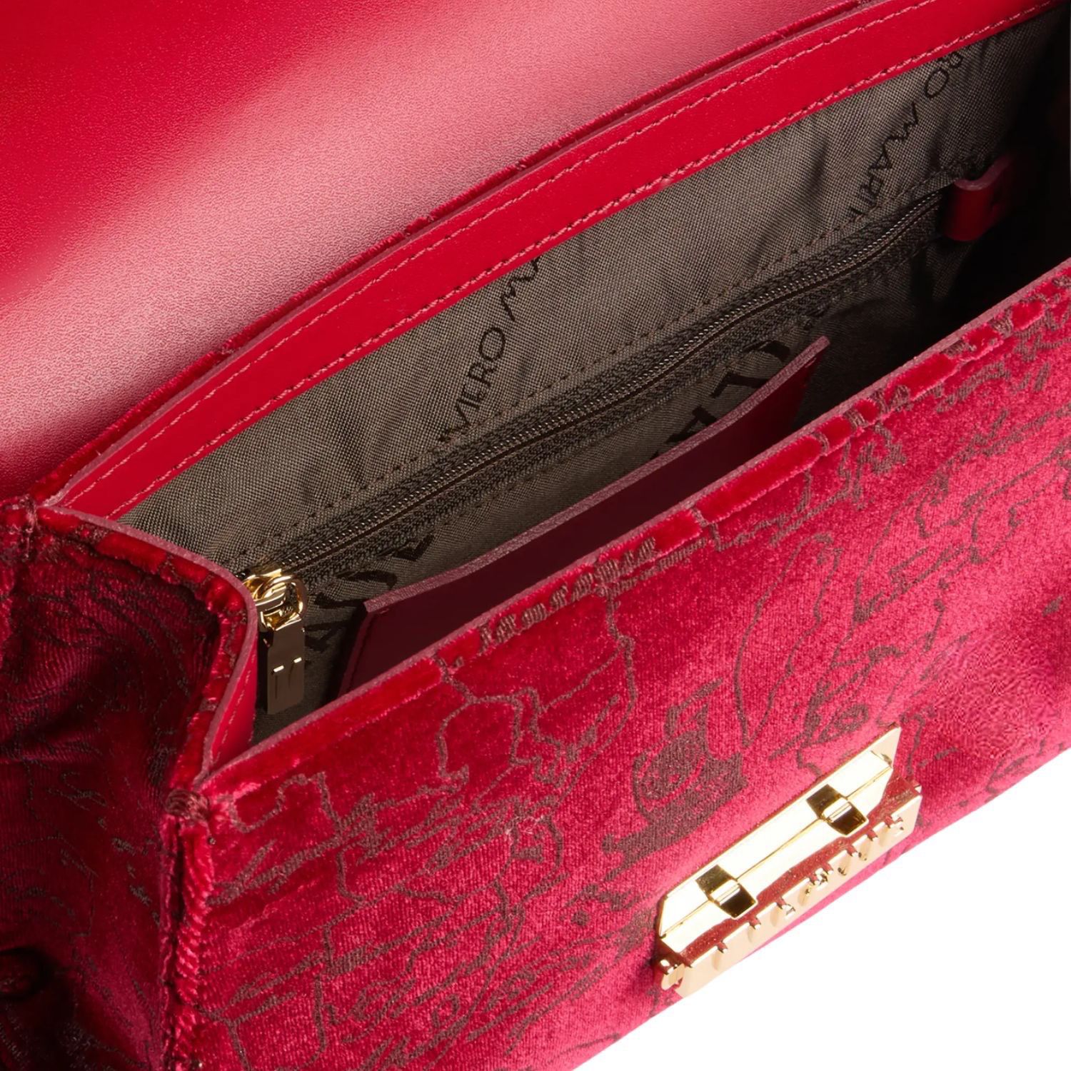 Alviero Martini - Borsa a tracolla con patta e catena in velluto, Rosso