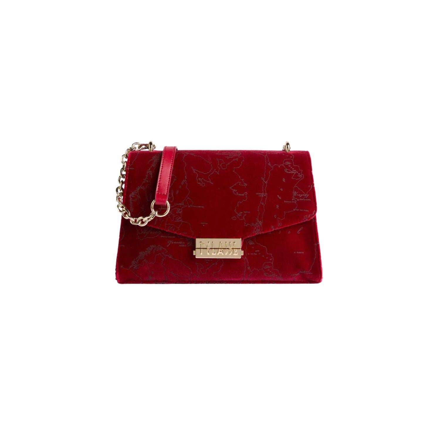 Alviero Martini - Borsa a tracolla con patta e catena in velluto, Rosso