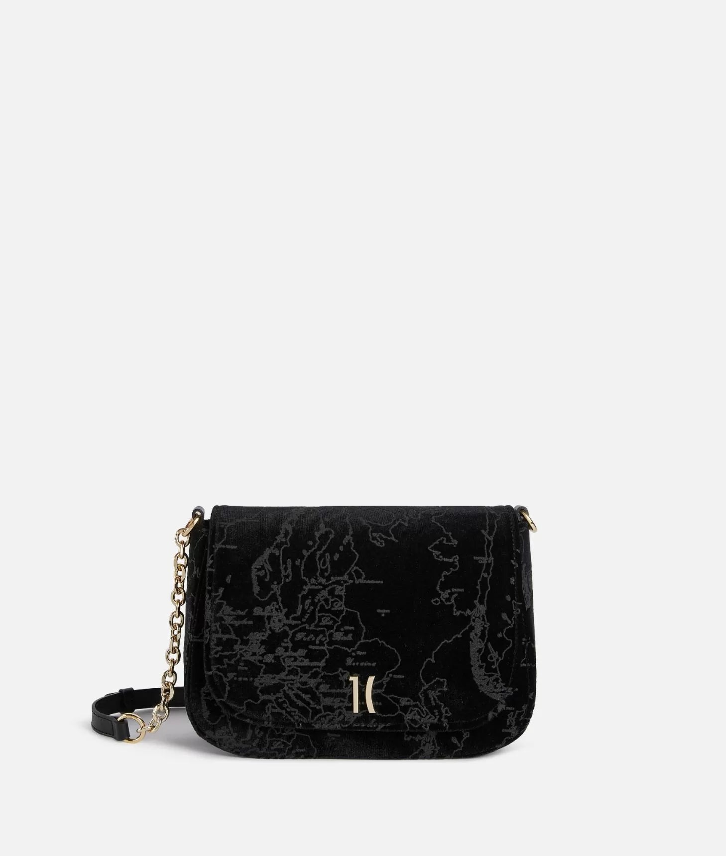 ALVIERO MARTINI -Moments Bag tracolla con patta e catena in velluto Geo, Nero