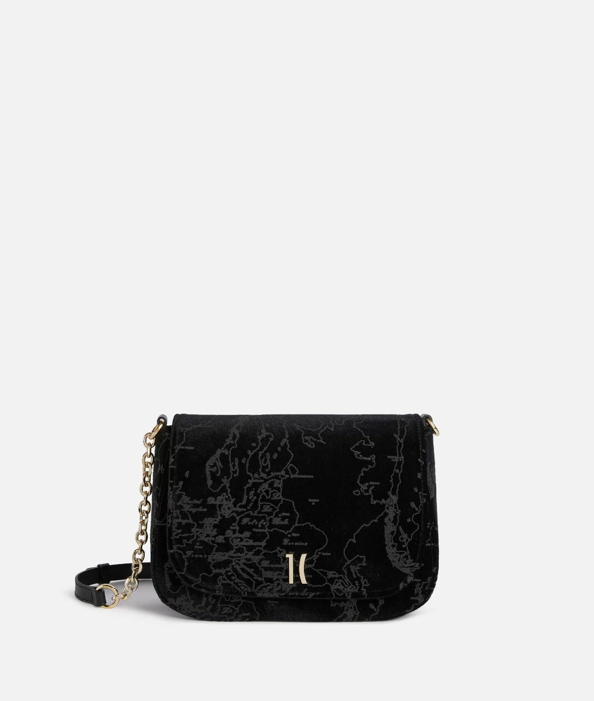 ALVIERO MARTINI -Moments Bag tracolla con patta e catena in velluto Geo, Nero