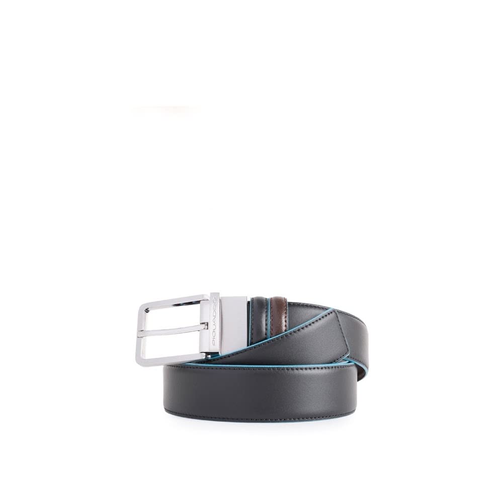 PIQUADRO - Cintura uomo reversibile con fibbia ad ardiglione, interno e bordi a contrasto in azzurro Blue Square Nero,Mogano