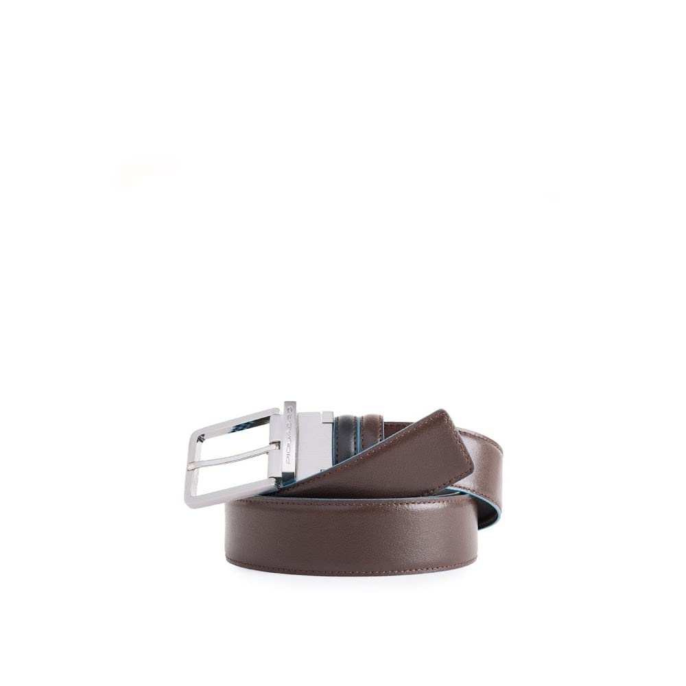 PIQUADRO - Cintura uomo reversibile con fibbia ad ardiglione, interno e bordi a contrasto in azzurro Blue Square Nero,Mogano