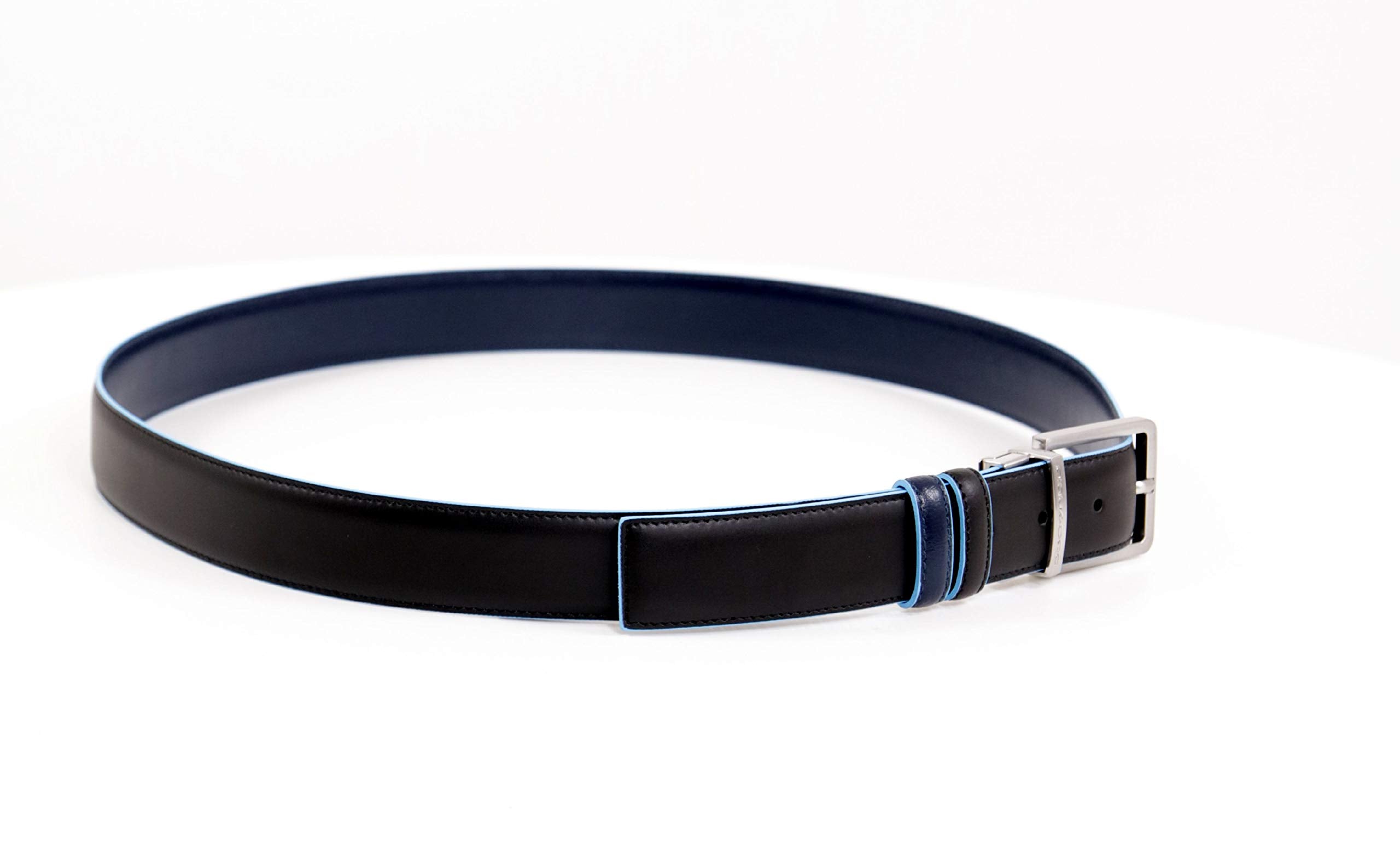 PIQUADRO - Cintura uomo reversibile con fibbia ad ardiglione, interno e bordi a contrasto in azzurro Blue Square Nero,Blu