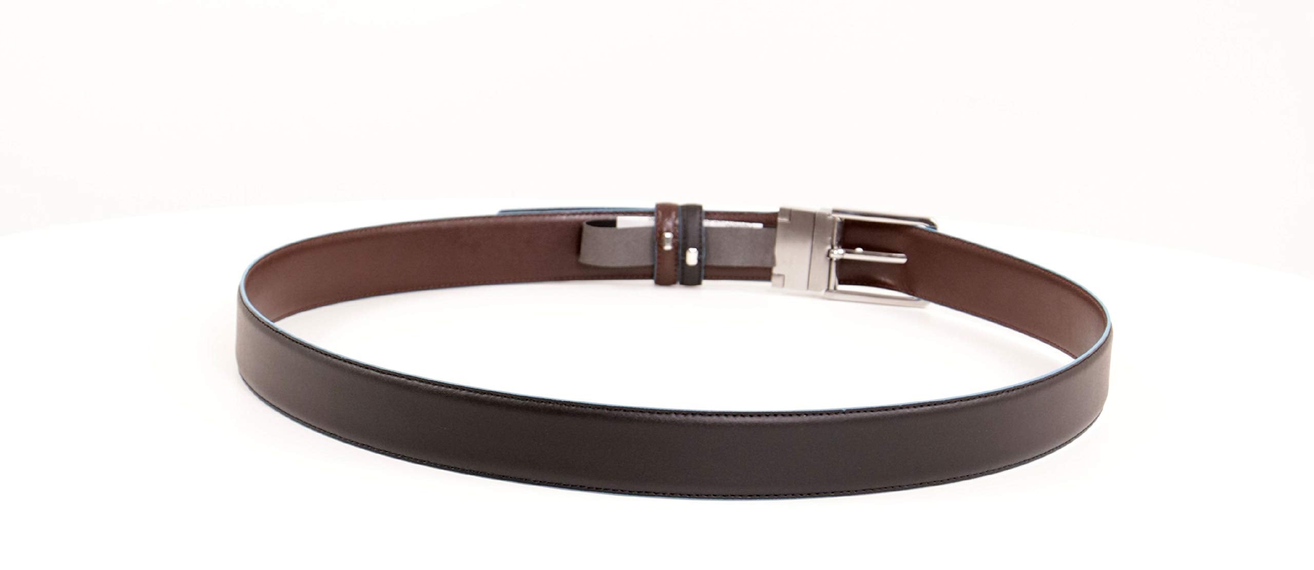 PIQUADRO - Cintura uomo reversibile con fibbia ad ardiglione, interno e bordi a contrasto in azzurro Blue Square Nero,Mogano