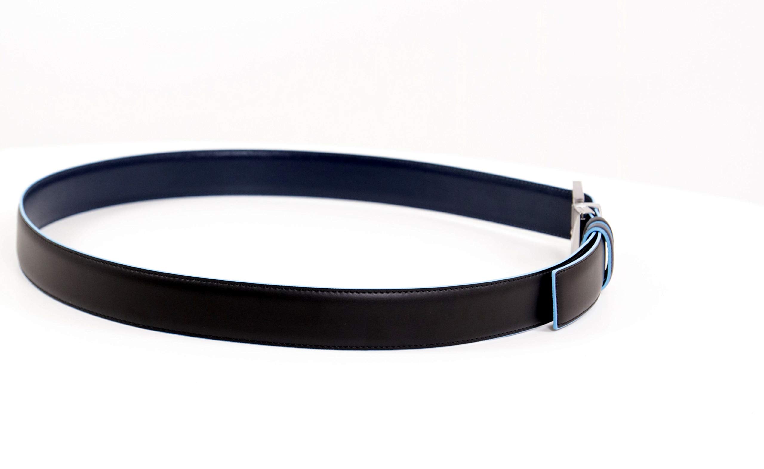 PIQUADRO - Cintura uomo reversibile con fibbia ad ardiglione, interno e bordi a contrasto in azzurro Blue Square Nero,Blu