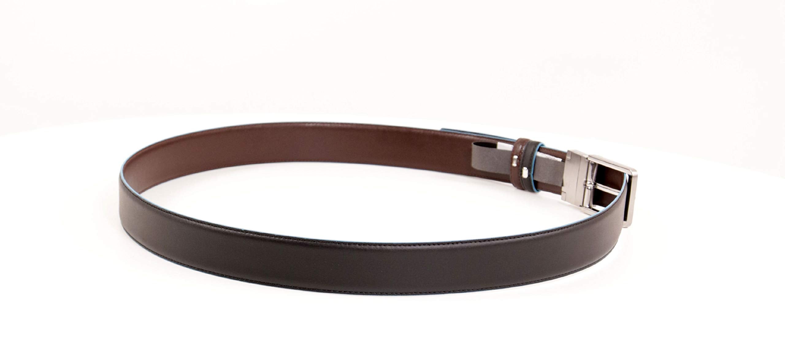 PIQUADRO - Cintura uomo reversibile con fibbia ad ardiglione, interno e bordi a contrasto in azzurro Blue Square Nero,Mogano