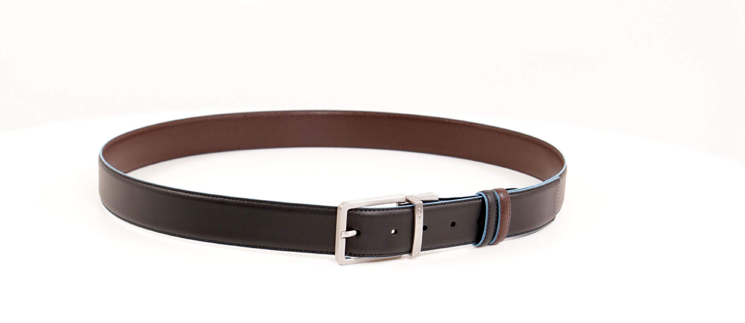 PIQUADRO - Cintura uomo reversibile con fibbia ad ardiglione, interno e bordi a contrasto in azzurro Blue Square Nero,Mogano