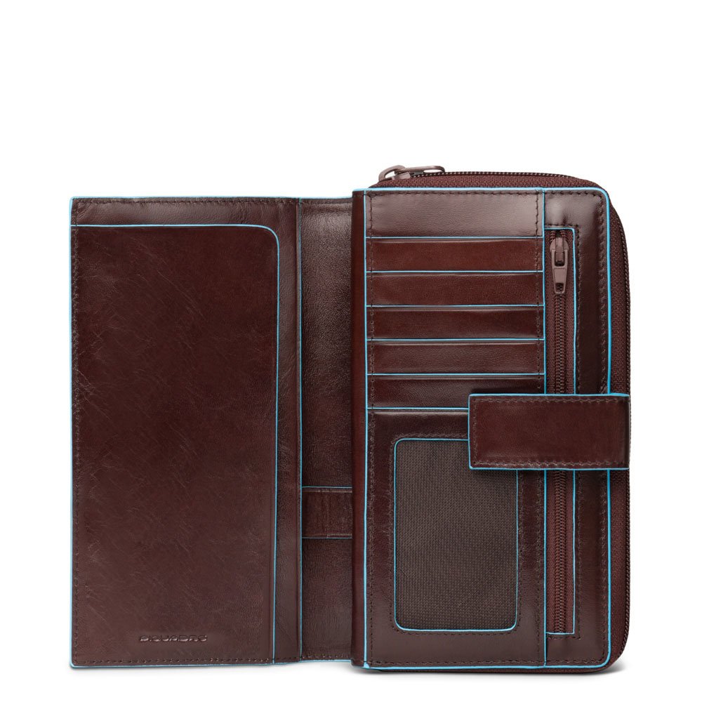 PIQUADRO - Portafoglio donna grande con bottone Blue Square, Mogano