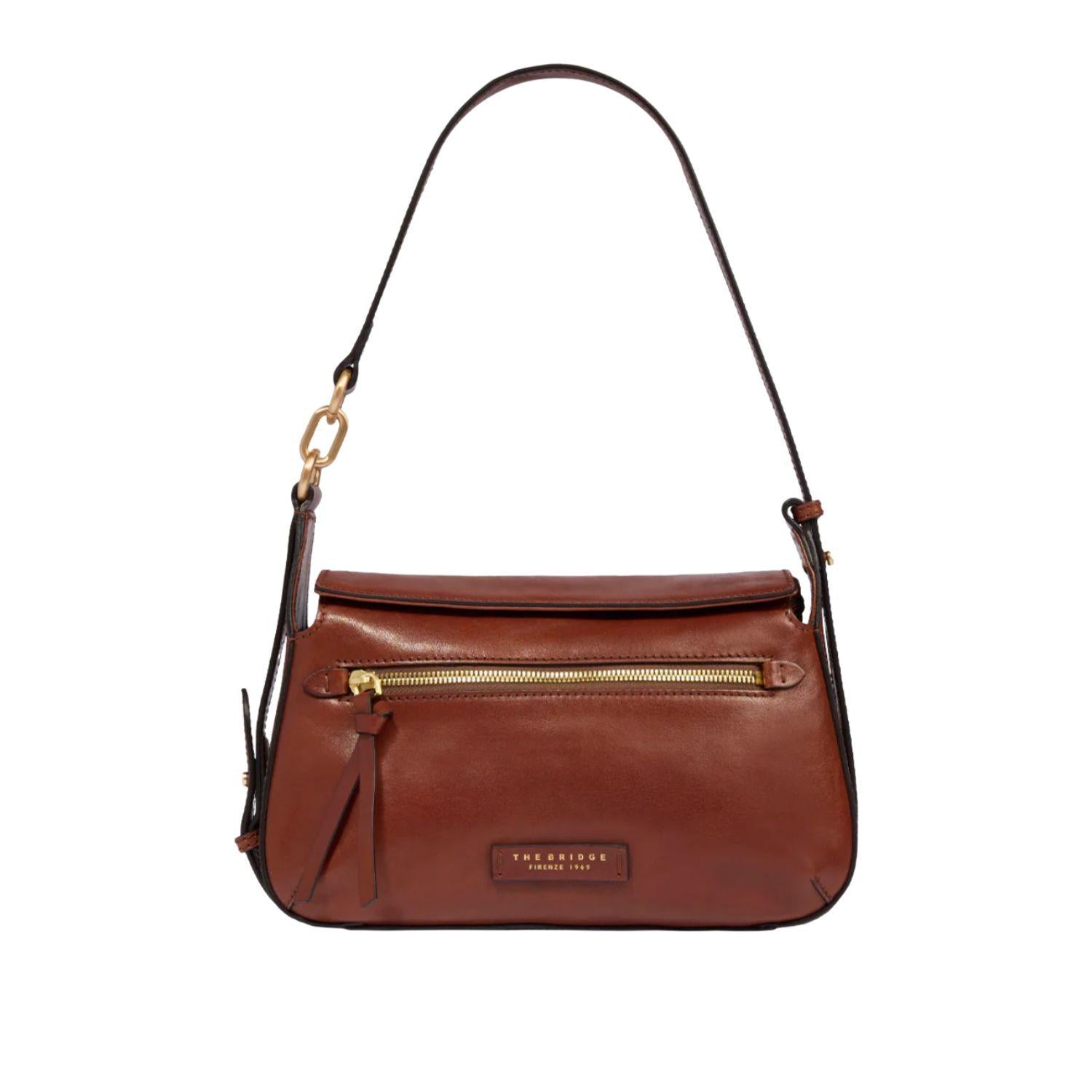 Borsa a tracolla in pelle con chiusura e zip frontale Ingrid, Marrone