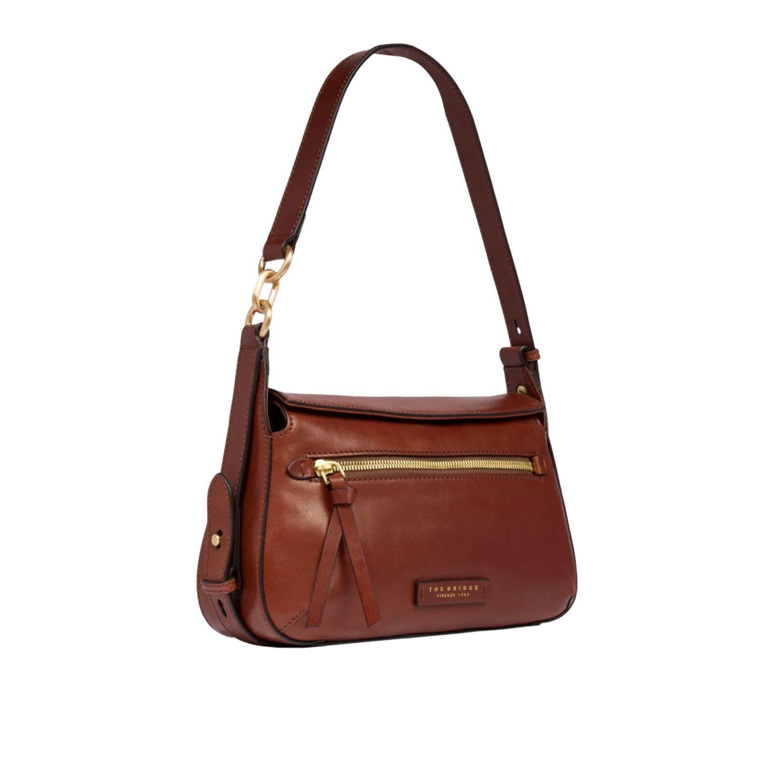 Borsa a tracolla in pelle con chiusura e zip frontale Ingrid, Marrone