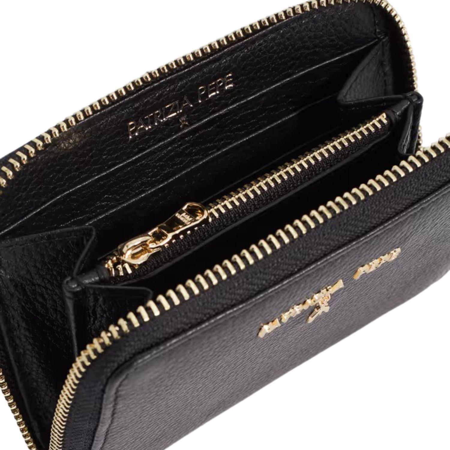 Portafoglio piccolo con zip in pelle, Nero