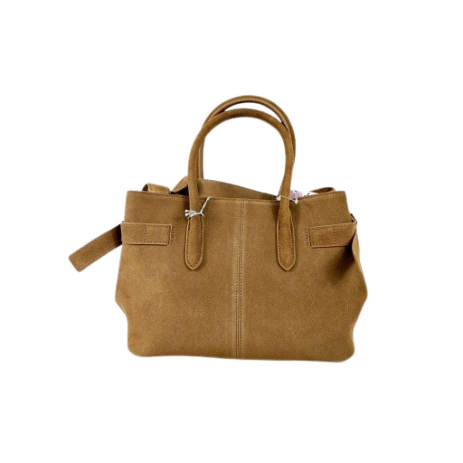 Borsa due manici con tracolla in suede, Naturale