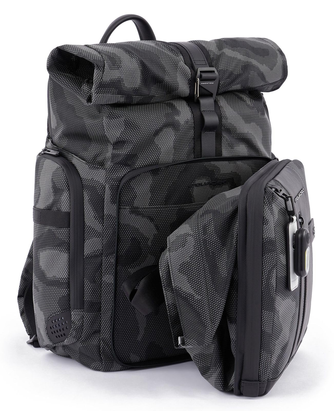 PIQUADRO - Zaino grande in tessuto e pelle modulare, Grigio e Nero