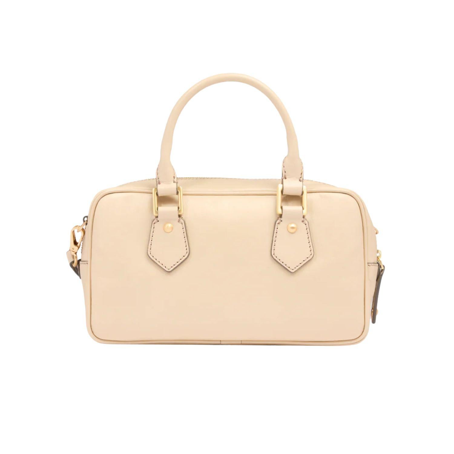 Bauletto medio in pelle con tracolla removibile, Beige