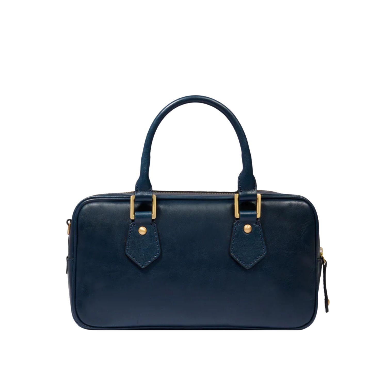 Bauletto medio in pelle con tracolla removibile, Blu Oltremare