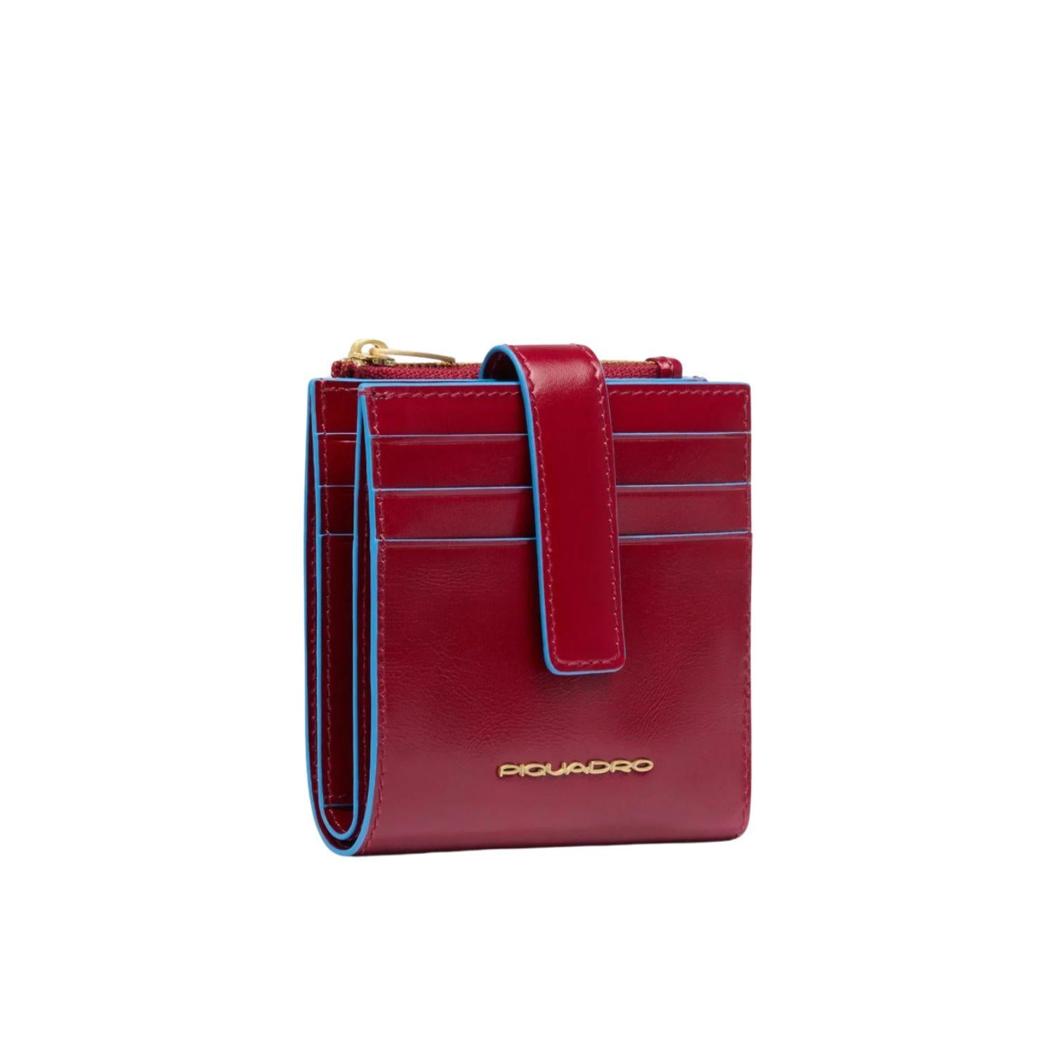 Piquadro - Portacarte e monete in pelle con bottone Blue Square, Rosso
