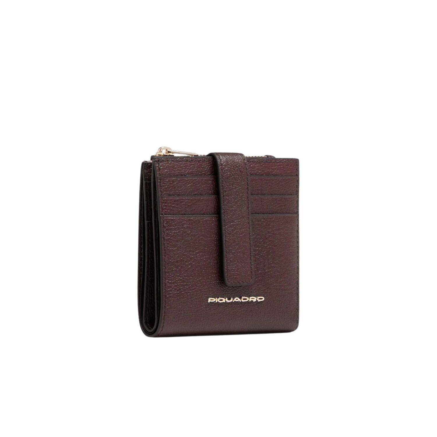 Portafoglio piccolo sottile donna in pelle con bottone, Bordeaux