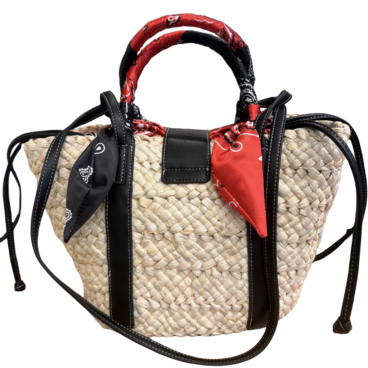 Rue Madam Paris - Borsa in paglia con dettagli bandana nei manici, Nero e Rosso