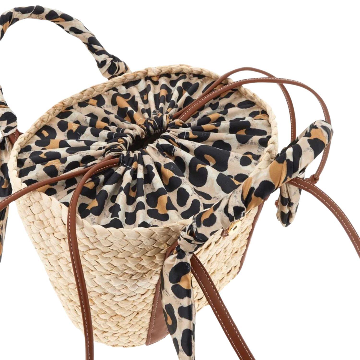 Rue Madam Paris - Borsa a mano in paglia con dettagli leopardati nei manici, Beige e Nero